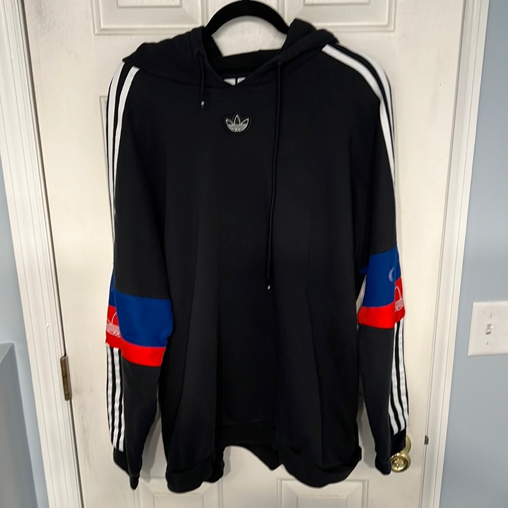 Adidas Black Hoodie with Red White and Blue Sleeves